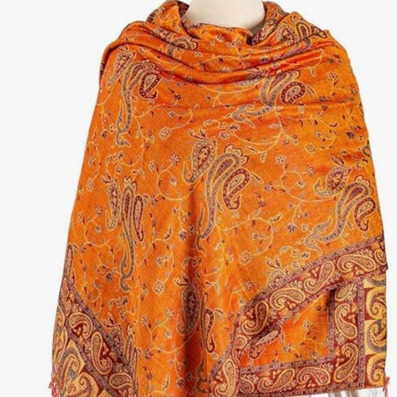 Reversible Orange Red Pashmina Shawl Wrap for Women, Fall Scarf, Bridesmaid Gift - Picture 1 of 7